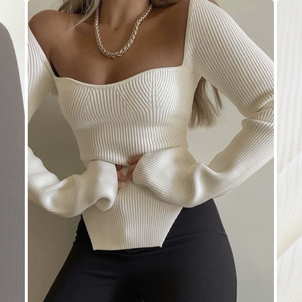 Off-Shoulder Cream Ribbed Knit Top